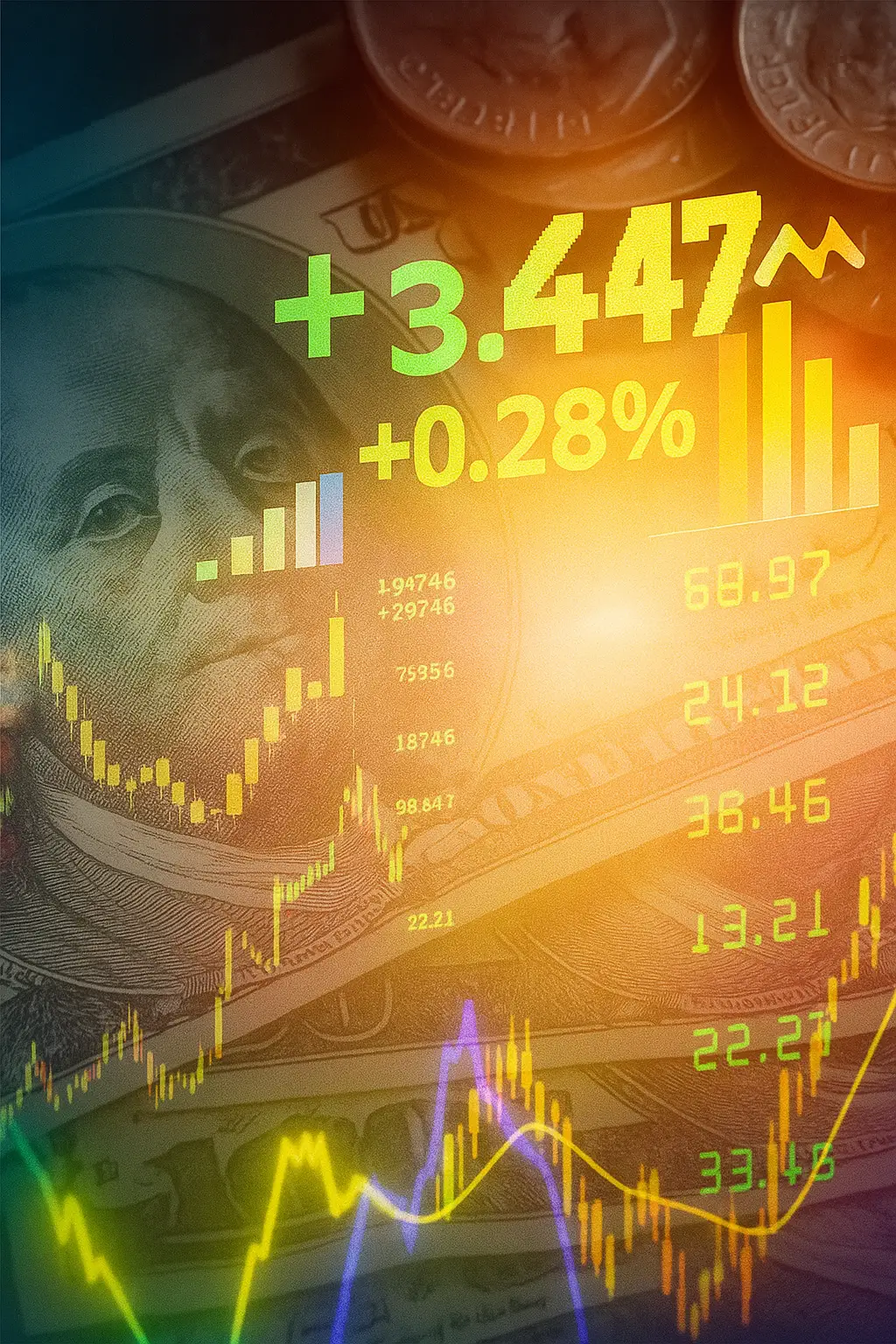 Imagen conceptual de inteligencia artificial aplicada a finanzas, con gráficos de bolsa sobre billetes de dólar estadounidense